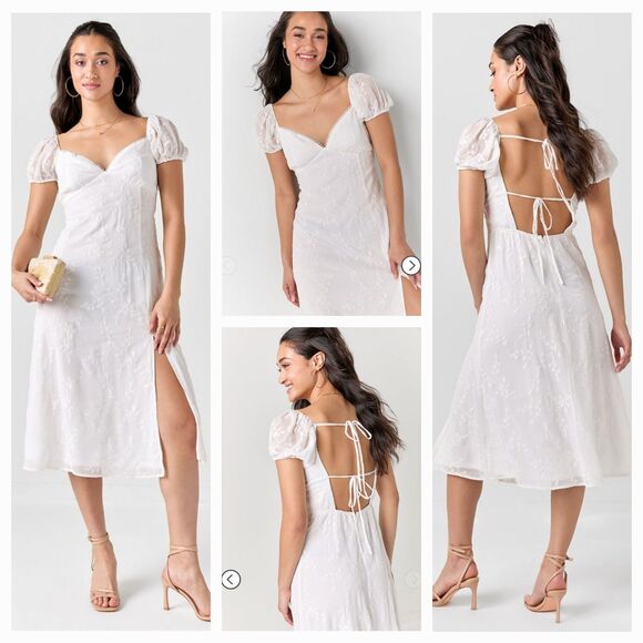 New LULUS Women's (M) Eleanore White Lace Overlay Double Tie Back Midi Dress - Picture 1 of 16
